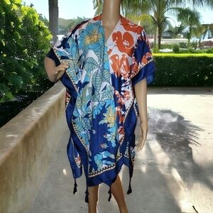 North Boheme Floral Kimono- OS Open front cover up swimwear Fringe T41